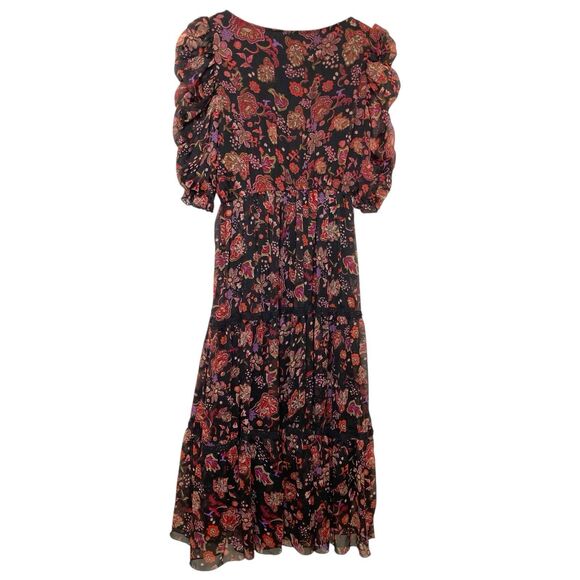 Antheaa Womens Medium Floral Midi Dress Ruffle Sleeve Tiered Pleated Puff Sleeve - Picture 4 of 13